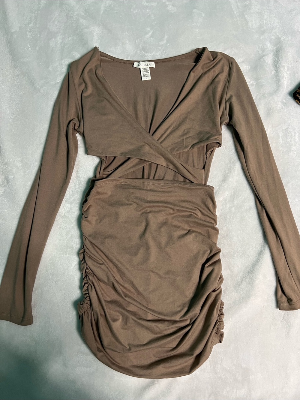 Women's Long Sleeve Ruched Wrap Mini Dress in Brown